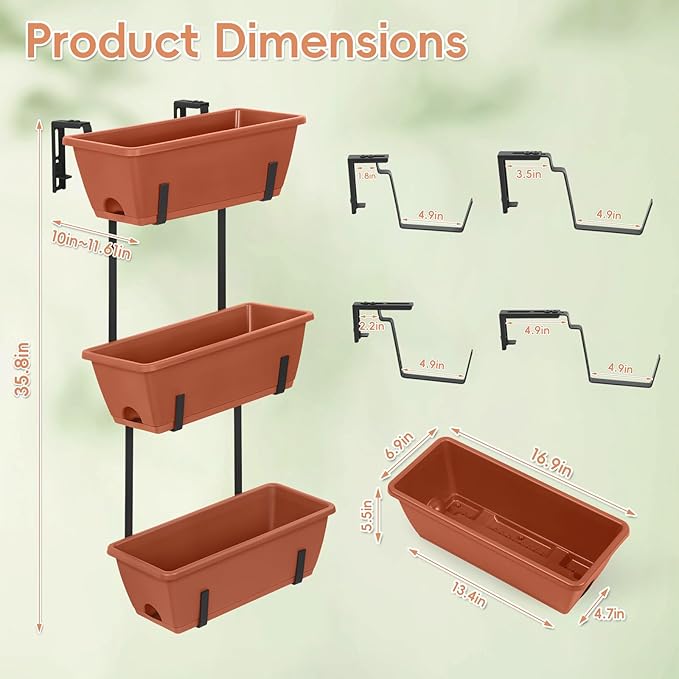 OYEAL Railing Planter Box Outdoor 3 Tier Vertical Hanging Flower Pots with Adjustable Brackets Window Boxes Planter Plastic Flower Pots for Patio, Deck, Porch Railing, Balcony Fence, Brick Red