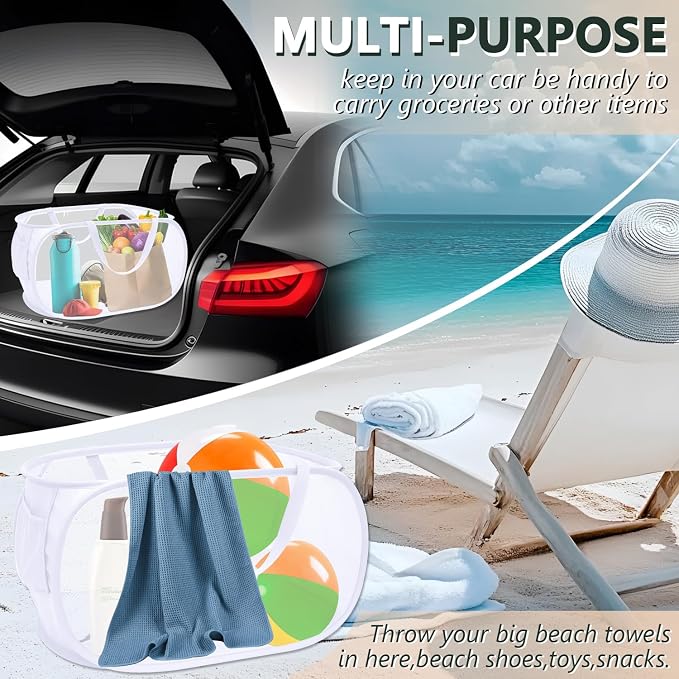 Collapsible Laundry Hamper Basket,Pop Up Mesh Foldable Bag for Laundry Room | folding horizontal laundry durable baskets with handles & side pocket travel for bathroom,Kids room,college dorm(White)