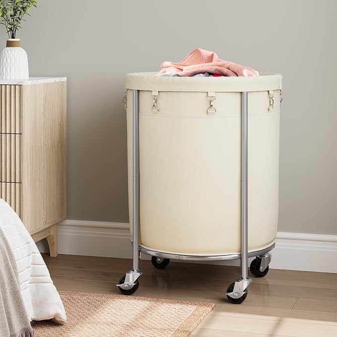 ELYKEN 190L Laundry Basket with Wheels, Steel Frame, Removable Bag, Cream