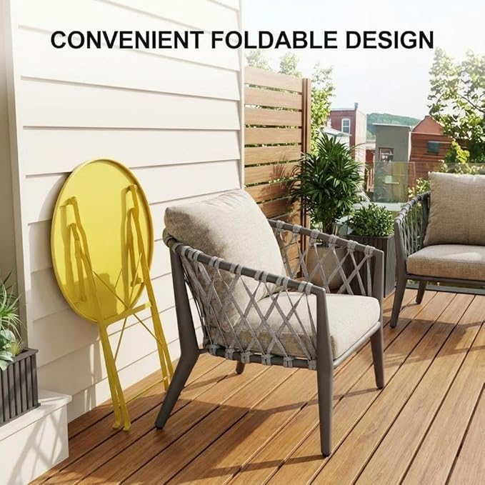 Garvee 3-Piece Folding Bistro Set Outdoor Patio Furniture, Space-Saving Foldable Chairs & Table with Heavy-Duty Powder-Coated Steel Frame, No Assembly Required, for Garden, Balcony, Backyard, Yellow