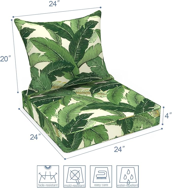 LVTXIII Outdoor Seat and Back Cushion Patio Deep Seat Cushion Set Seasonal Chair Cushion for Wicker Chairs and Garden Furniture Decoration, 22"x22"x4", Swaying Palms Green