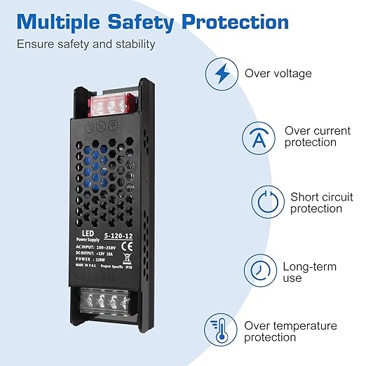 LED Driver 12V 120W 10A Slim LED Power Supply, AC 100-250V to 12V DC Adapter, Constant Voltage Transformer for LED Strip Lights, Bulbs, Garden and Cabinet Lights