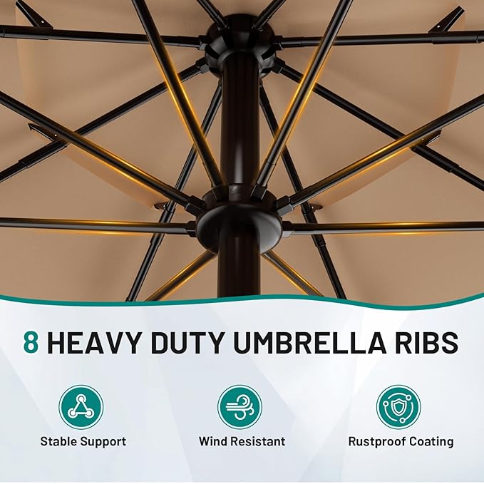 AreShark 10FT 3-Tiers Patio Umbrella with Valance, Outdoor Umbrellas with Crank/Tilt, Table Market Umbrella Vented w/ 8 Sturdy Ribs for Garden, Deck, Backyard, and Pool, Beige