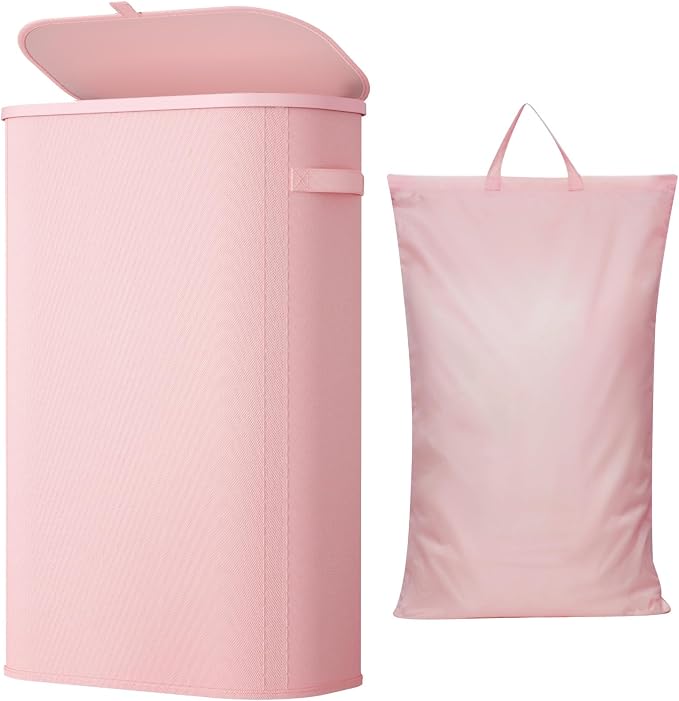 Lifewit Slim Laundry Basket with Lid and Removable Bag, 65L, Pink | Collapsible Narrow Laundry Hamper, Skinny Washing Basket with Plastic Frame, Dirty Clothes Organiser for Laundry, RV, Dorm