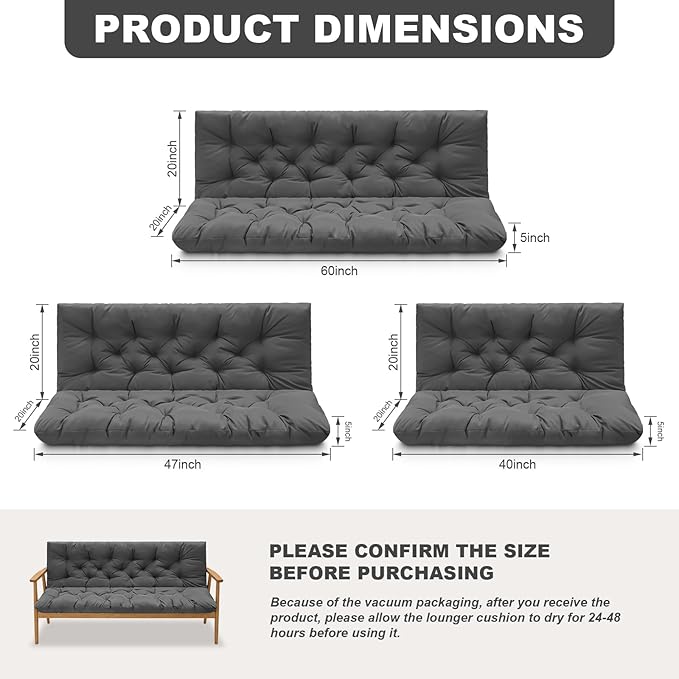 Porch Swing Cushions,Outdoor Cushions 3 Seater Replacement with Backrest, Waterproof Thickened Bench Cushion with Ties for Porch, Patio,Outdoor, Backyard and Garden(Dark Gray 60 * 40 in)