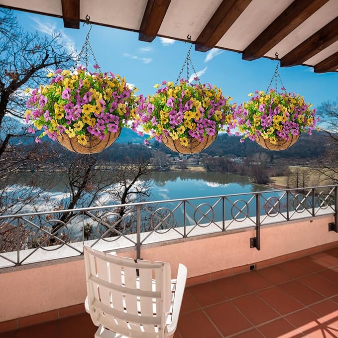 ZFProcess Artificial Faux Hanging Plants Flowers Basket for Spring Outdoor Decoration, Fake Silk Daisy in Planter Realistic UV Resistant Look Real for Porch Home Patio Balcony Yard(Purple Yellow)