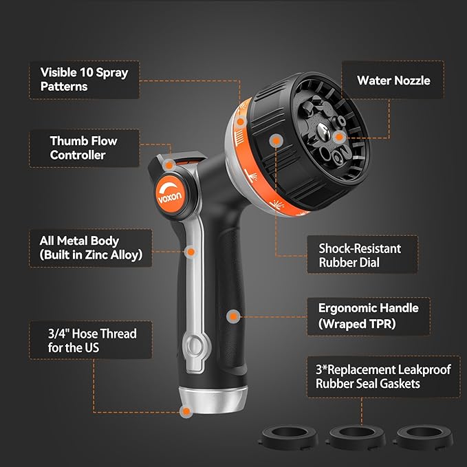 VOXON Hose Nozzle Heavy Duty 10 Spray Patterns - Metal Garden Water Hose Sprayer with Thumb Flow Control | On Off Valve, Nozzle Sprayer for Lawn & Plant Watering, Car & Pet Washing