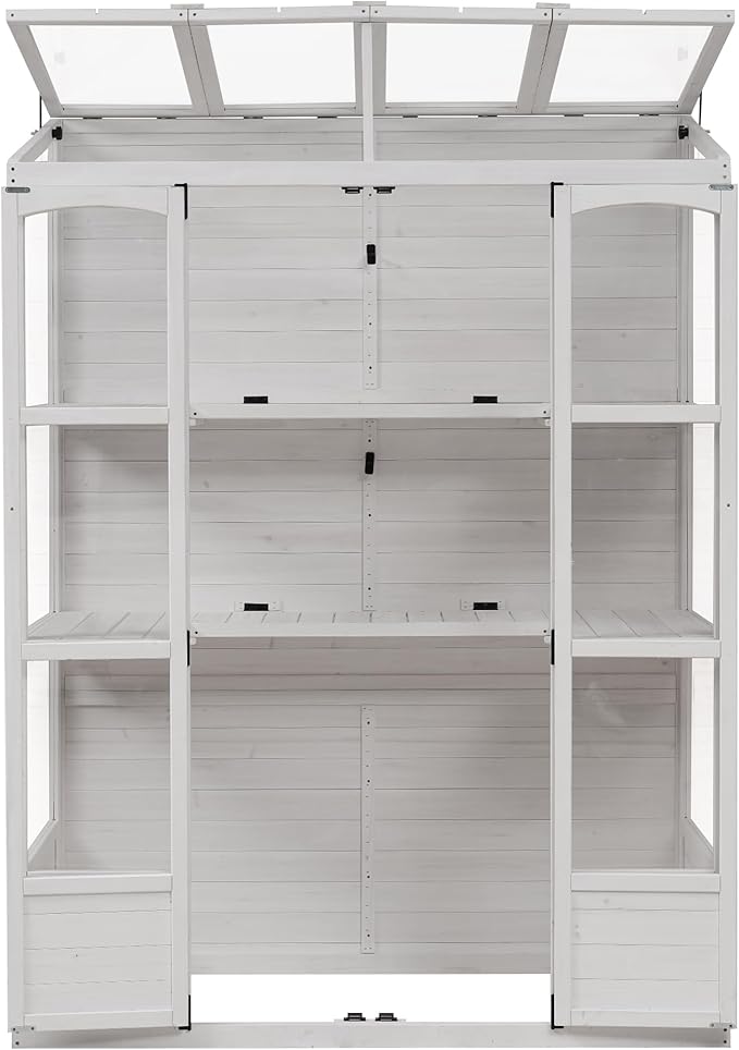 RUNNA 78-inch Wooden Greenhouse Cold Frame with 4 Independent Skylights and 2 Folding Middle Shelves, Walk-in Outdoor Greenhouse for Outdoor Indoor Garden Use (White#017)