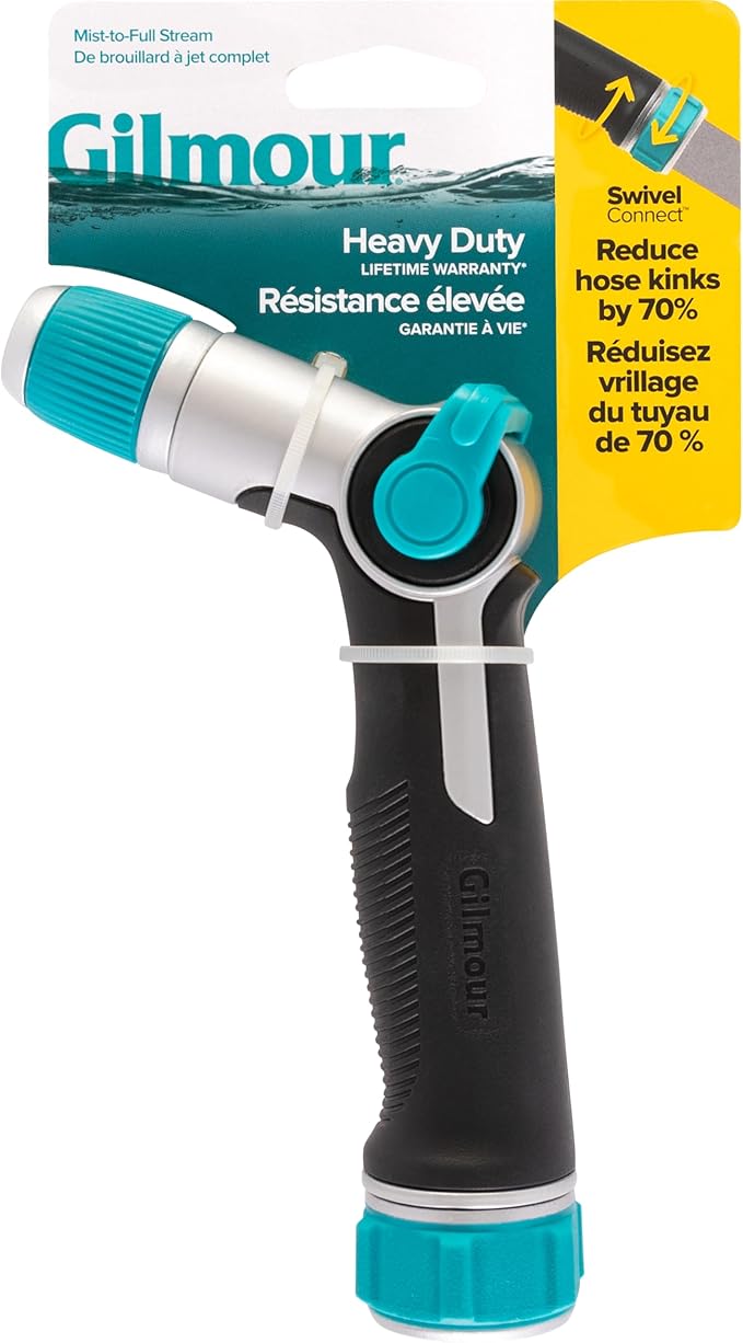 Gilmour Medium Duty Thumb Control Garden Hose Nozzle with Adjustable Spray Pattern, Water Hose Nozzle for Watering Garden or Lawn, Black/Aqua
