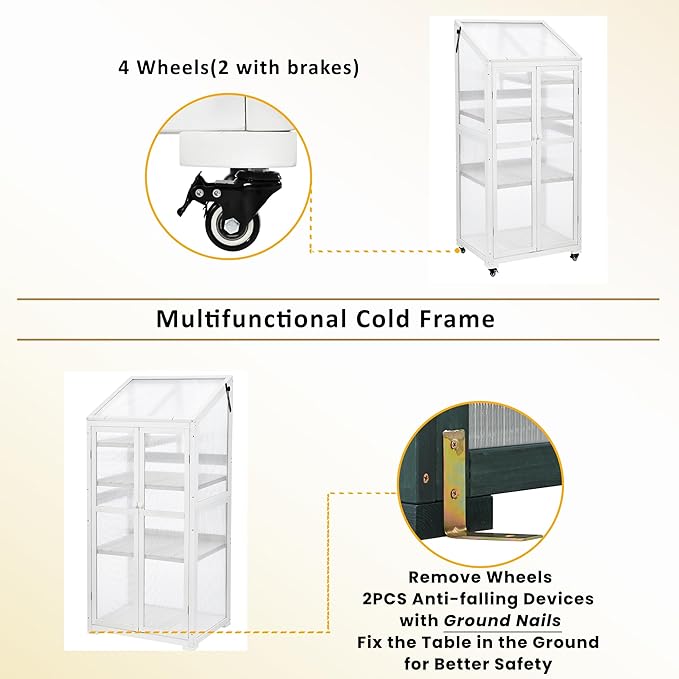 62inch Height Wood Large Greenhouse Balcony Portable Cold Frame with Wheels and Adjustable Shelves for Outdoor Indoor Use (White-023, 1)