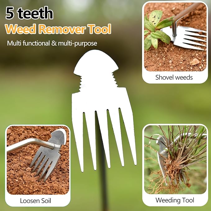 Weed Puller Tool，2026 New Garden Weeder Tool Stainless Steel Hand Weeder Tool,5 Teethes Dual Purpose Weed Remover Tool Weeding Tools for Gardening (Rubber Handle)