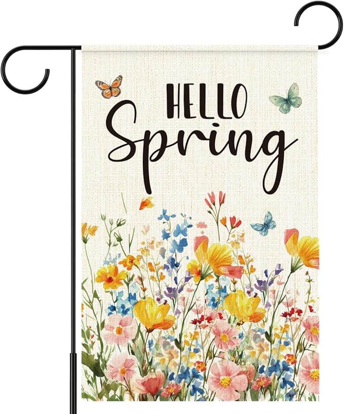 Hello Spring Flags for Outside,Floral Butterfly Garden Flag for Yard Patio Lawn Decoration,12x18 Inch Double Sided