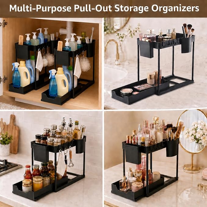 Under Sink Organizer for Bathroom/Kitchen, Large Capacity with Hooks & Cups