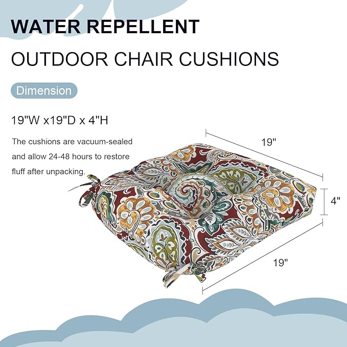 DYTXIII Set of 2 Outdoor Chair Cushions 19"x19"x4", Water Repellent Tufted Patio Seat Cushions with Ties, Thick Replacement Pads for Wicker Dining Chairs, Patio Furniture, Paisley Chilli