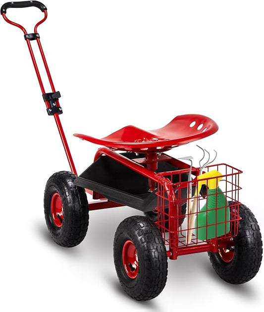 Outvita Garden Cart Rolling Workseat with Wheels, Gardening Stool with Adjustable 360 Degree Swivel Seat, Extendable Handle, Tool Tray & Storage Basket, Gardening Scooter for Yard, Planting, Red