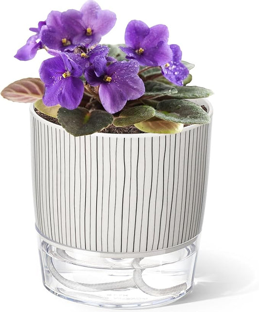 Self Watering Pots for Indoor Plants, 4 and 5.3 Inch, Plastic, Black Stripes, Round, Modern, Tabletop