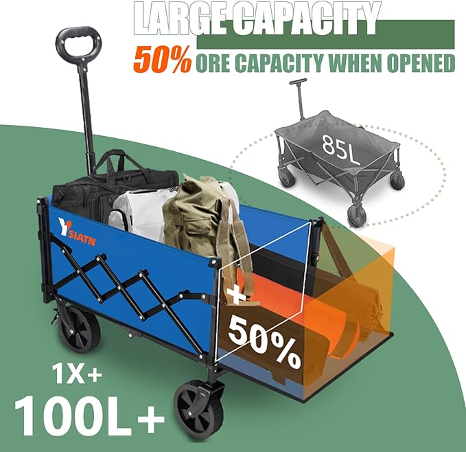 YSIATN Collapsible Folding Wagon Cart with Tailgate - 300lbs Heavy Duty Foldable Utility Wagon and Brake Wheels - 100L Lightweight Grocery Wagons for Shopping Camping Sports Garden, Blue