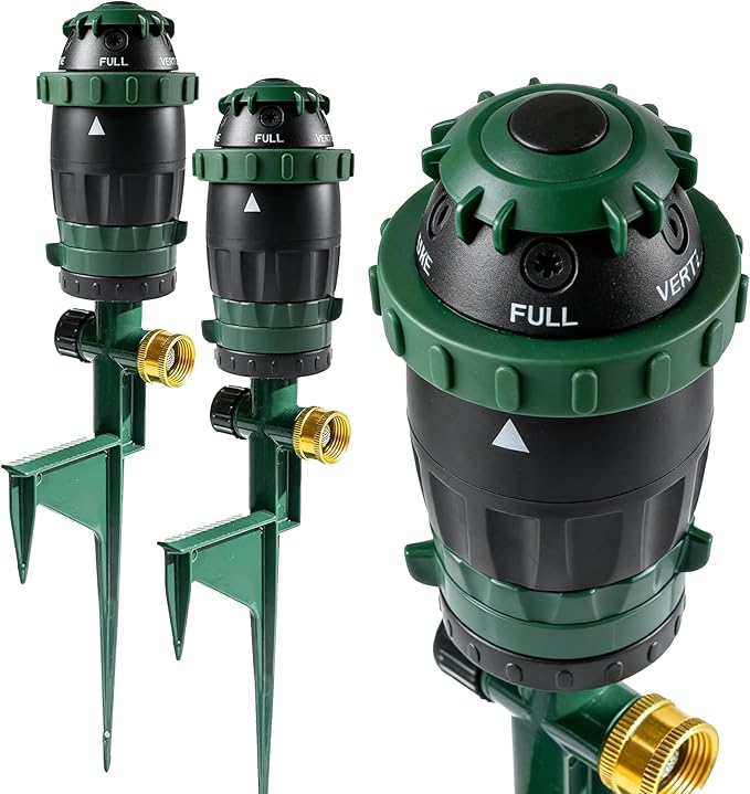 Hourleey 2 Pack Gear Drive Sprinkler for Yard, Heavy Duty 5-Pattern 360 Degree Rotary Water Sprinkler with Spike Base, Durable Lawn Sprinkler with 3/4 Inch Adapters for Large Area Garden