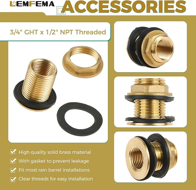 2PCS Rain Barrel Linking Kit - 2 x 14 inch Hose and 4 x Brass Bulkhead Tank Fittings