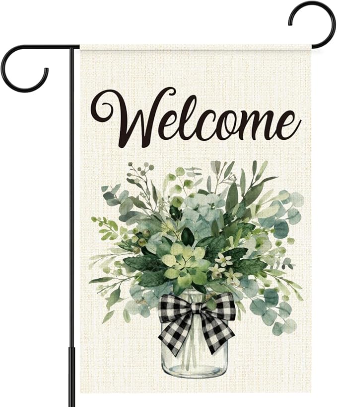 Welcome Flags for Outside,Spring Eucalyptus Mason Jar Garden Flag for Yard Patio Lawn Decoration,12x18 Inch Double Sided