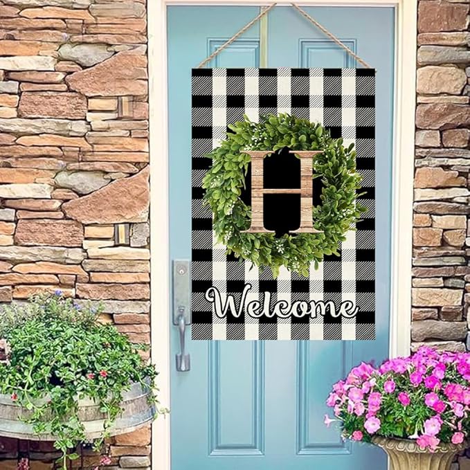 Baccessor Monogram Letter S Garden Flag 28 x 40 Inch, Buffalo Plaid Family Last Name Initial Boxwood Wreath Welcome Vertical Double Sided Large Flags for Outdoor Outside Decoration