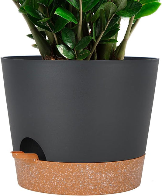 SwinDuck 12inch Large Self Watering Plant Pot, Plastic Cylinder Planter with 60Oz Deep Reservoir and Saucer for Indoor Outdoor Plants Flowers Houseplants, Black with Brown