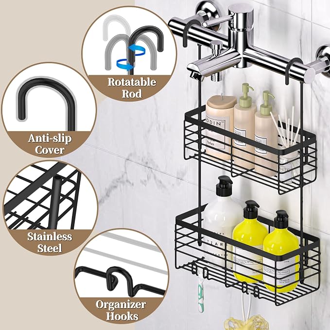 DELLAN 2-Tier Shower Hanging Caddy, Shower Rack with Hooks, Black