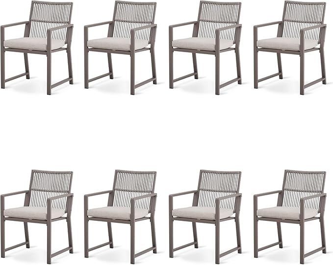 Outdoor Patio Wicker Rattan Dining Chairs, Heavy-Duty Wrought Iron Frame Supports 300lbs, Ergonomic Backrest, Detachable Breathable Cushion, for Garden & Porch, Light Brown, Set of 8