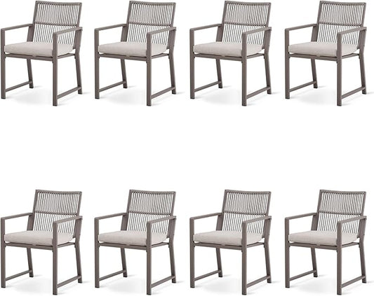 Outdoor Patio Wicker Rattan Dining Chairs, Heavy-Duty Wrought Iron Frame Supports 300lbs, Ergonomic Backrest, Detachable Breathable Cushion, for Garden & Porch, Light Brown, Set of 8