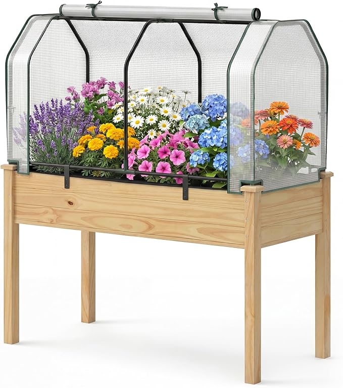 Giantex Raised Garden Bed with Mini Greenhouse, w/Dual Zipper Door, 47.5”x21.5”x24” Planter with Green House for Patio Lawn Garden, Easy Assembly (Natural & White)