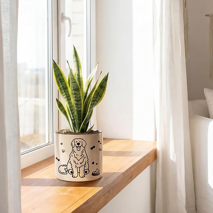 STHIE Ceramic Plant Pots with Drainage Holes, 5 inch Round Flower Pots for Indoor Plant, Cute Flower Planters for Snake Plant, Hand-Painted Garden Pots (Sitting Dog)