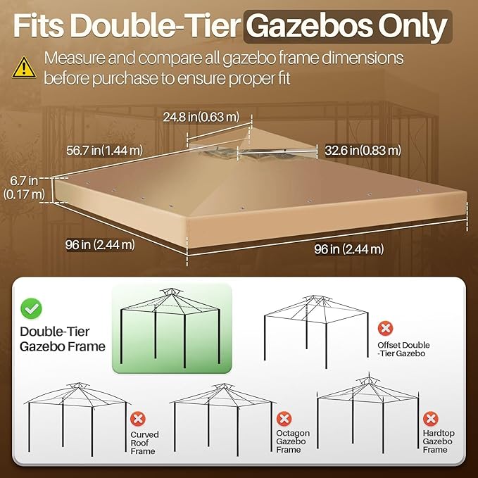 Flexzion Gazebo Cover Replacement Canopy Top 8x8 Ft (2.4m x 2.4m) - Double Tier Top Canopy Cover Replacement with UV30+, Dirt, Water Resistant for Outdoor, Sunshade, Garden, Patio, Pavilion