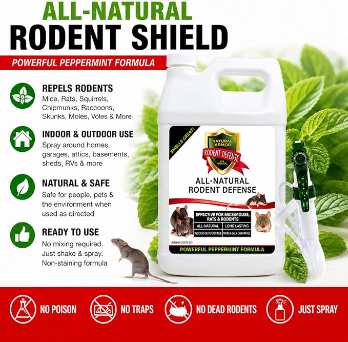 Peppermint Repellent for Mice/Mouse, Rats & Rodents. Natural Spray for Indoor & Outdoor Use. Natural Armor Rodent Shield. 320 Fl Oz (2.5 Gallons)