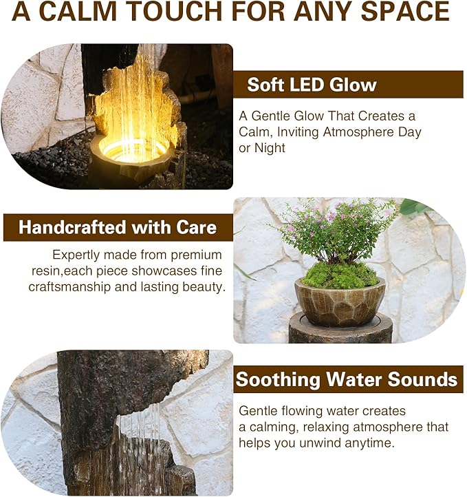 Sunlinua Outdoor Water Fountain with LED Light, Modern Spiral Tiered Outdoor Fountain with Stone Planter Curved Freestanding Waterfall Fountains for Garden Patio Deck Porch