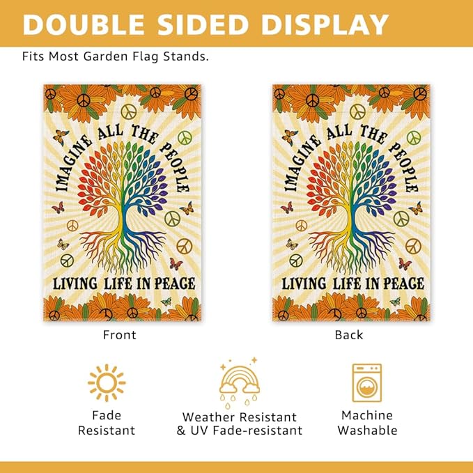 Imagine All The People Living Life In Peace Garden Flag, Funny Tree Of Life Peace Flag for Outside, LGBTQ Equality Social Justice Kindness Diversity Inclusion Banner, Peaceful Lawn Porch Décor