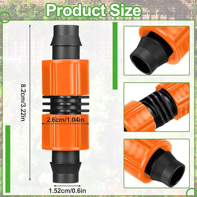 Tujoe 50 Pcs Drip Irrigation Fittings, 5/8 Inch Universal Barbed Locking Connectors for 16-17mm Drip Tape Tubing and Sprinkler System, Durable Line Coupling Irrigation Tools