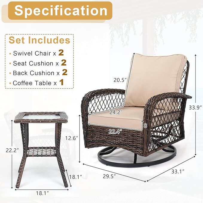 VINGLI 3 Pieces Patio Furniture Set, Patio Swivel Rocking Chairs Set of 2, Outdoor Bistro Set Swivel Rocker, Outdoor Porch Chairs and Bistro Table for Porch