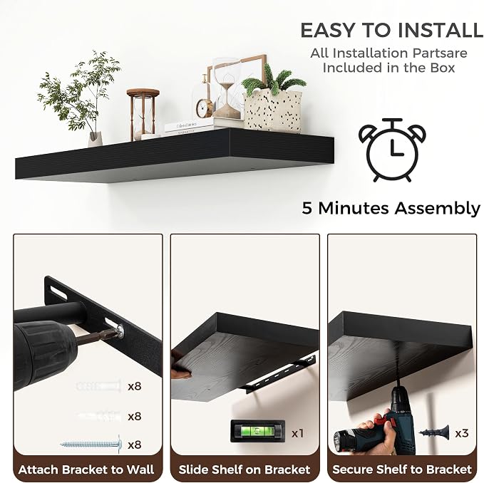 40 Inch Floating Shelves for Wall, 12"D Wood Storage Shelves, Black Finish
