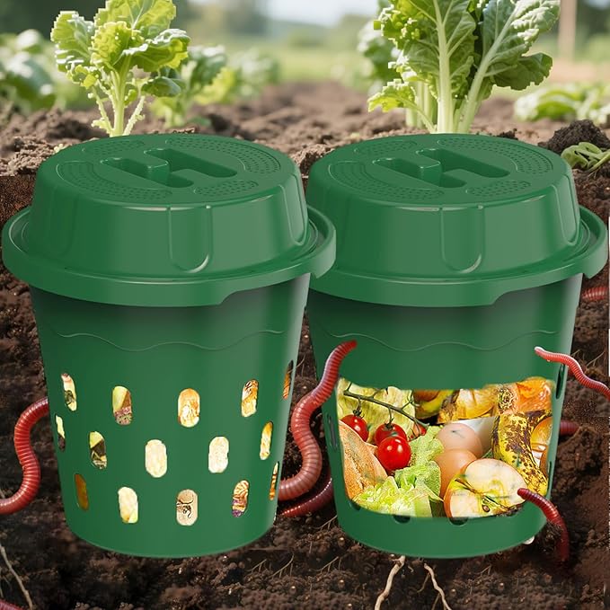 4-Pack InGround Compost Bin for Garden Beds, 8L Worm Composter Farm for Faster Composting, Worm Composter Kit with Aeration, Animal-Proof Lid for Beginners (9.5x9.5x10.8Inch) (4, Green)