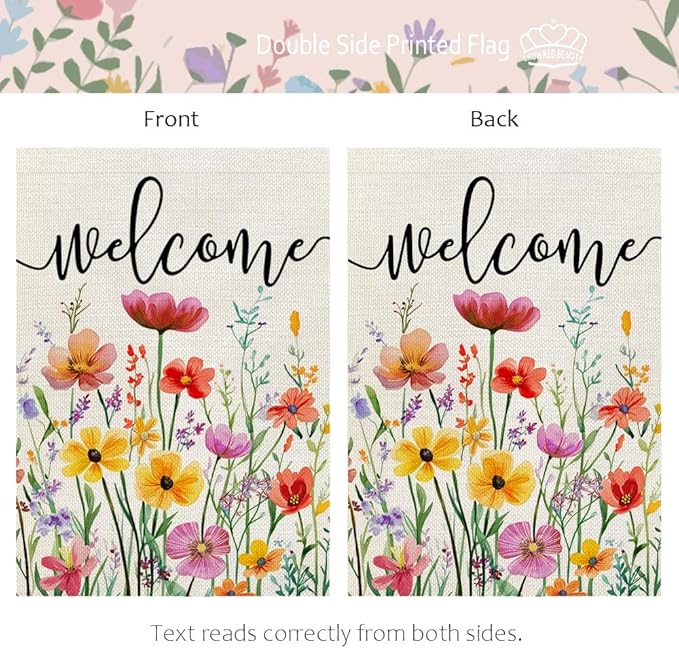 CROWNED BEAUTY Spring House Flag Wildflowers Floral Double Sided 28x40 Inches Large Burlap Welcome Holiday Seasonal Yard Decoration for Outside Porch CF1761-40