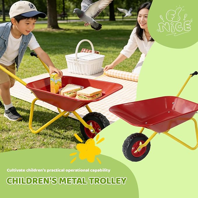 Kids Metal Wheelbarrow with Single Wheel,Children Garden Cart with Steel Tray and Non-Slip Handles, Sturdy Outdoor Yard Toy for Toddlers, Ideal for Sand, Leaves, and Soil (Red-Wheelbarrow)