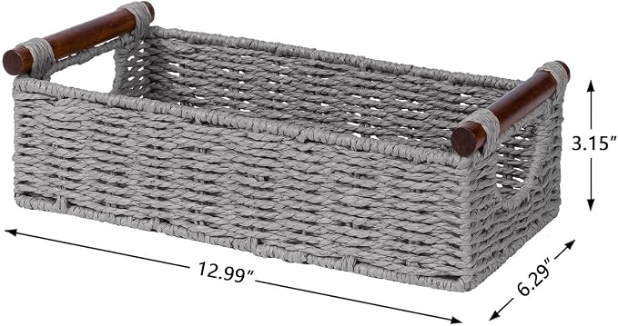 CubesLand Small Wicker Toilet Basket Tray Organizer W/Cut Out Handle | Handwoven Slim Decorative Basket for Countertop, Shelves And for Rustic Home Decor, Living Room, Nursery Organization, Grey