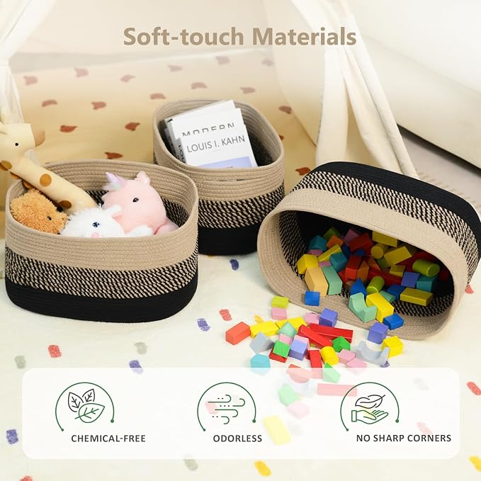 ECDYQXVU 15x10x9 Inch Woven Cotton Rope Storage Basket, 1 Pack | Foldable Design, Built-in Handles, Space-saving Organizer for Living Room, Bedroom, Laundry, Shelves, Clothes, Towels