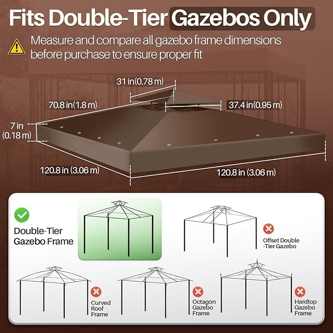Flexzion Gazebo Cover Replacement Canopy Top (10x10 ft/ 120''x120") - Double Tier Top Canopy Cover Replacement with UV30+, Dirt, Water Resistant for Outdoor, Sunshade, Garden, Patio, Pavilion (Brown)