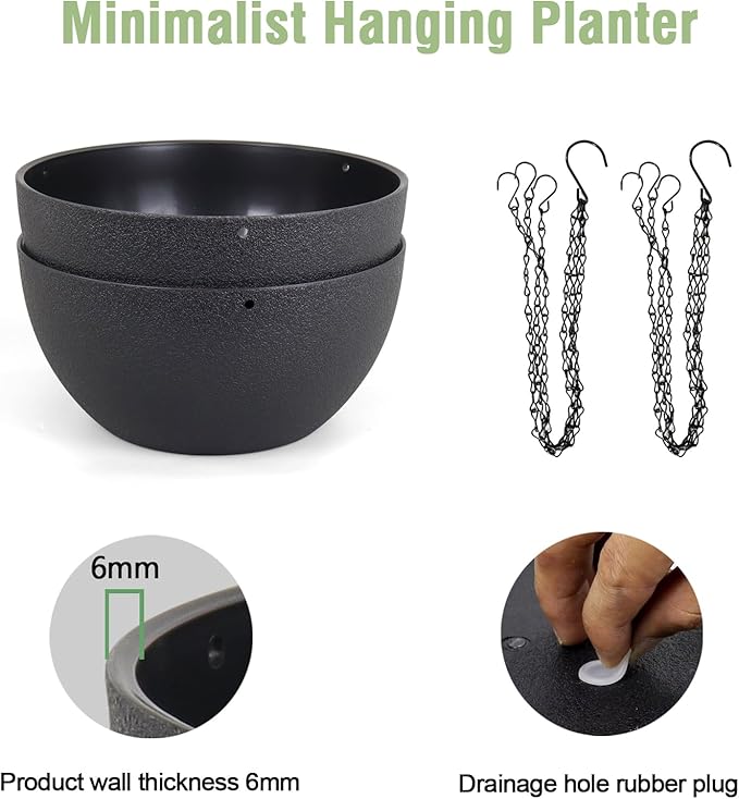 Meowell 12 inch Large Hanging Planters for Indoor Outdoor Plants, 2 Pack Hanging Flower Pots with Drainage Holes and Chain for Garden Porch, Plastic Hanging Baskets for House Plants, Black