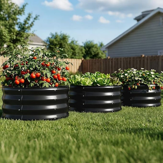 COMHOMA 3 Pack Round Raised Garden Bed 2x2x1ft,Galvanized Metal Planter Box Kit for Outdoor Gardening,Vegetable Flower Herb Growing Beds with Gloves Tools,Black