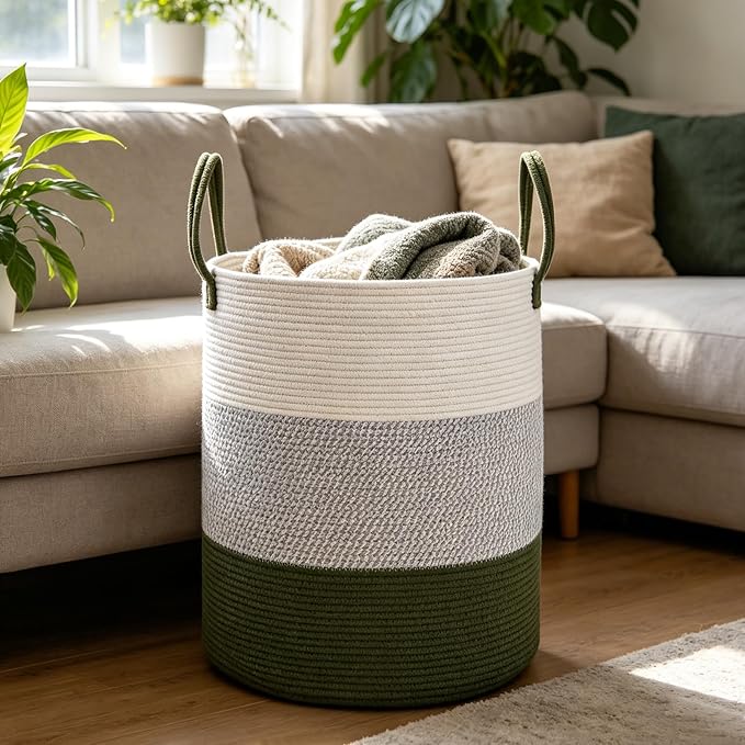 70L Woven Laundry Basket,Large Clothes Hamper with Handles-Green