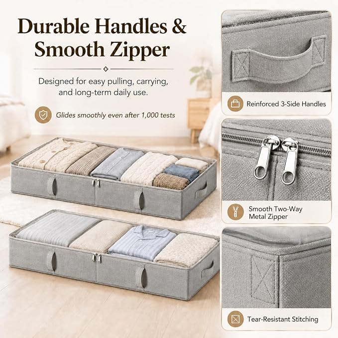 Side-Supported Under Bed Storage Containers, 6 Inch 60L Clothes Storage Bin | Underbed Storage Bin with Sturdy Handles and Sidewalls, Closet Organizer for Clothes, Blankets, Seasonal Items, Gray, 2 Pack