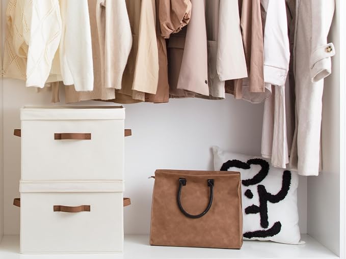StorageWorks Fabric Storage Bins with Lids, Closet Storage Bins | Flip-Top Lid, 3 Handles, Collapsible, Stackable, for Clothes Blankets, Multi-Purpose, Jumbo, Oatmeal Beige, 2-Pack