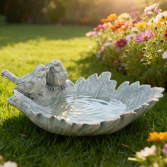 Bird Bath Bowl Outdoor Resin Stone Small Bird Bath and Bird Water Feeder for Outside with Cute Statue Patio Deck Balcony Ground Garden Decorations Birdfeeder Backyard Porch Decor